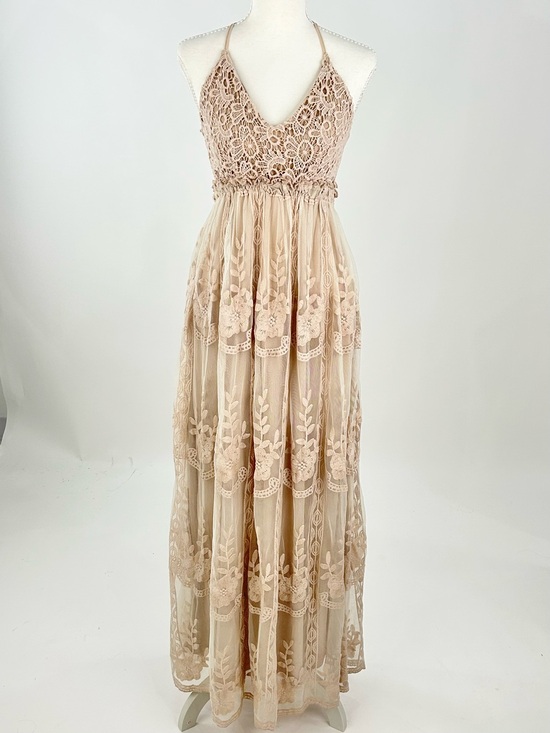Petal & Pup Dresses & Skirts - Petal + Pup XS Embroidered Lace Crochet Open Back Boho Maxi Dress Nude